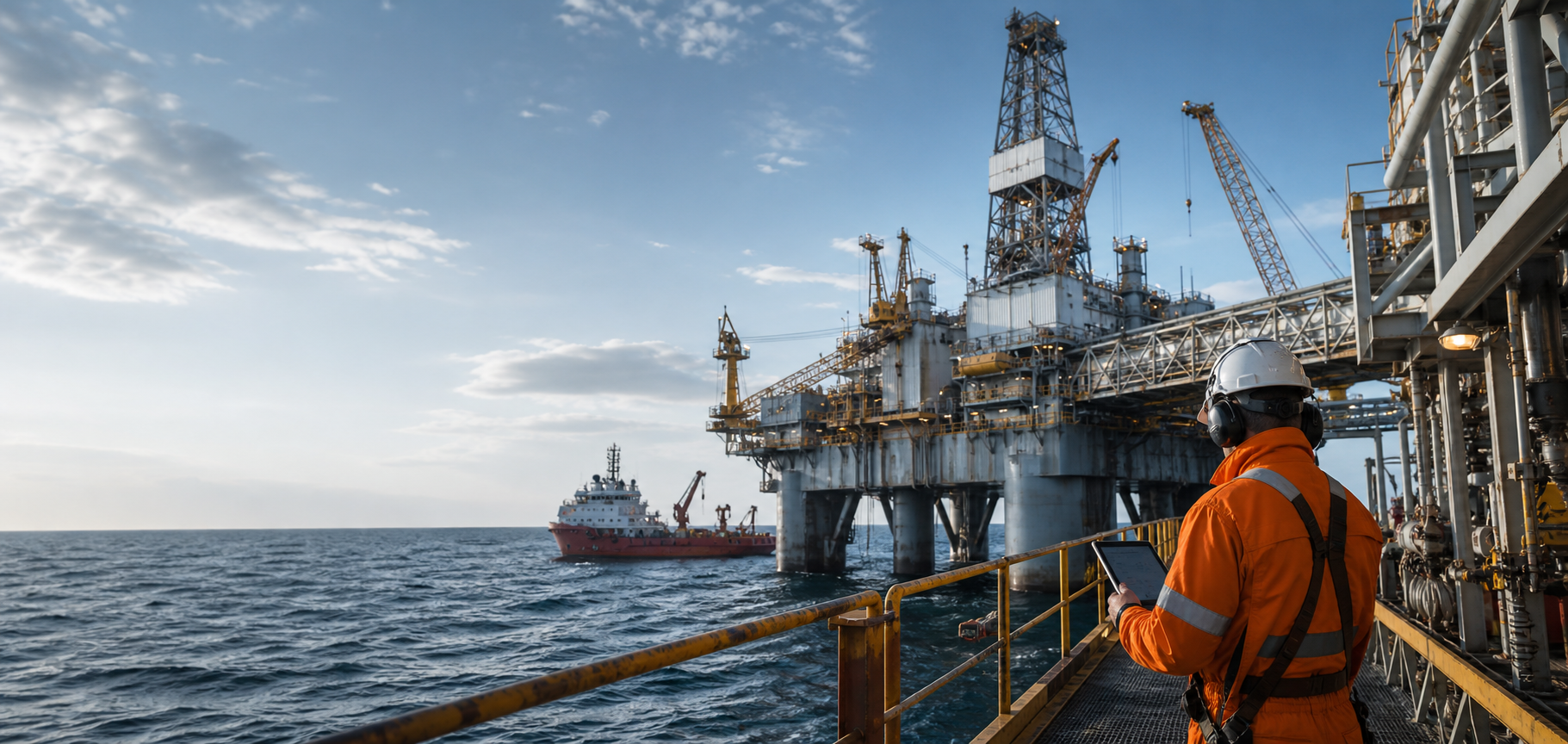 Offshore inspection technician using a tablet beside a North Sea drilling platform
