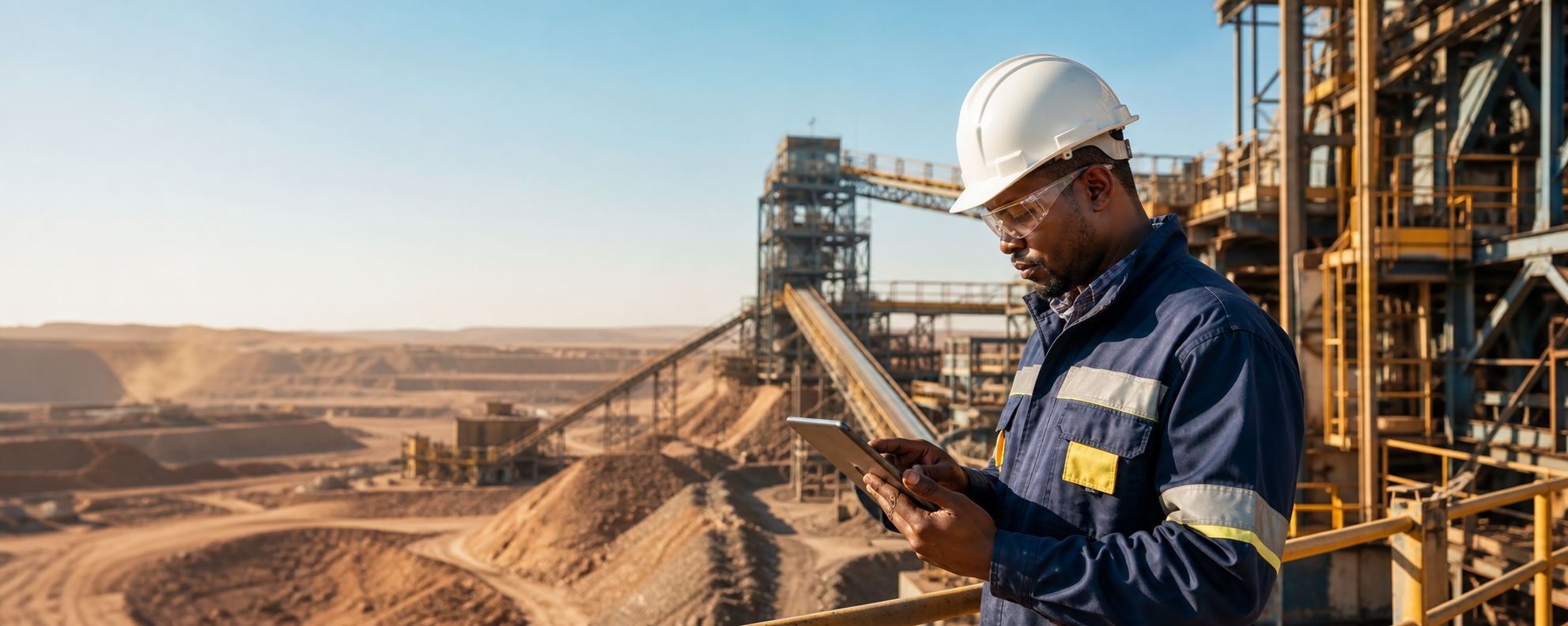 Inspection technician using a tablet at a mining processing facility
