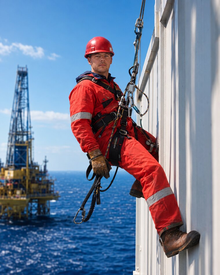 NDT operator in rope access PPE beside offshore equipment