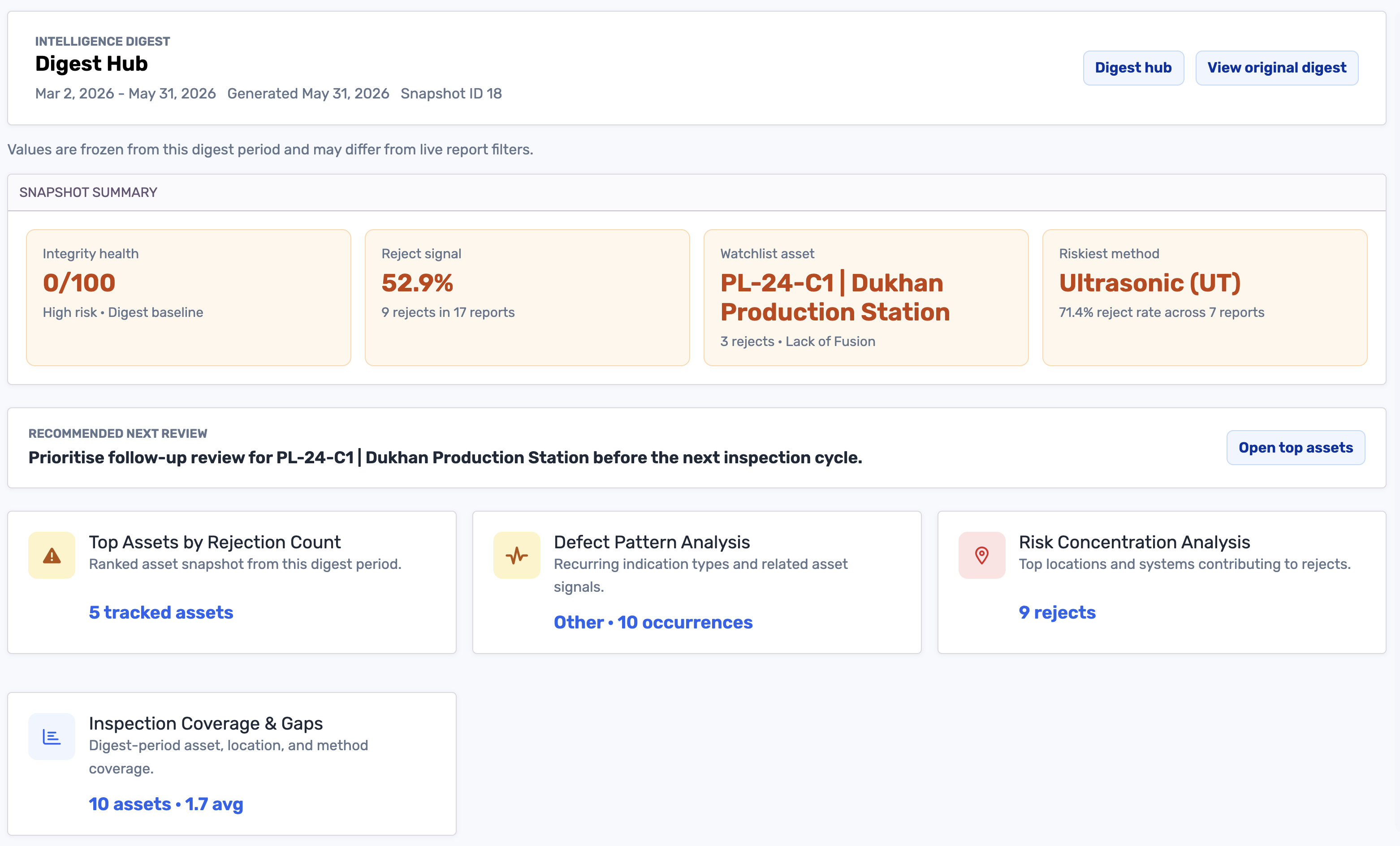 Asset history view linking inspection reports to components, sites, and locations