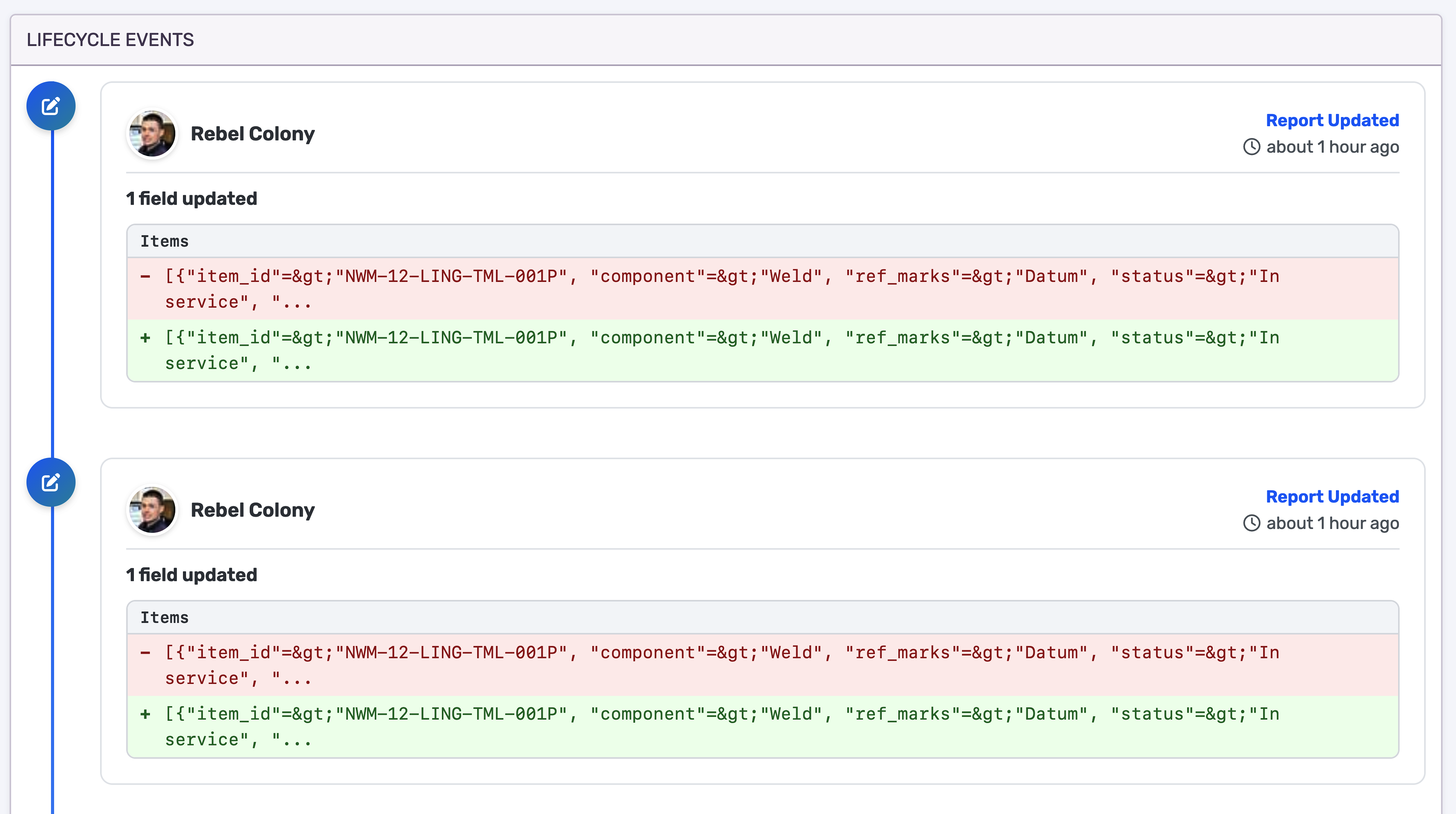 Report event log showing revision history and audit trail