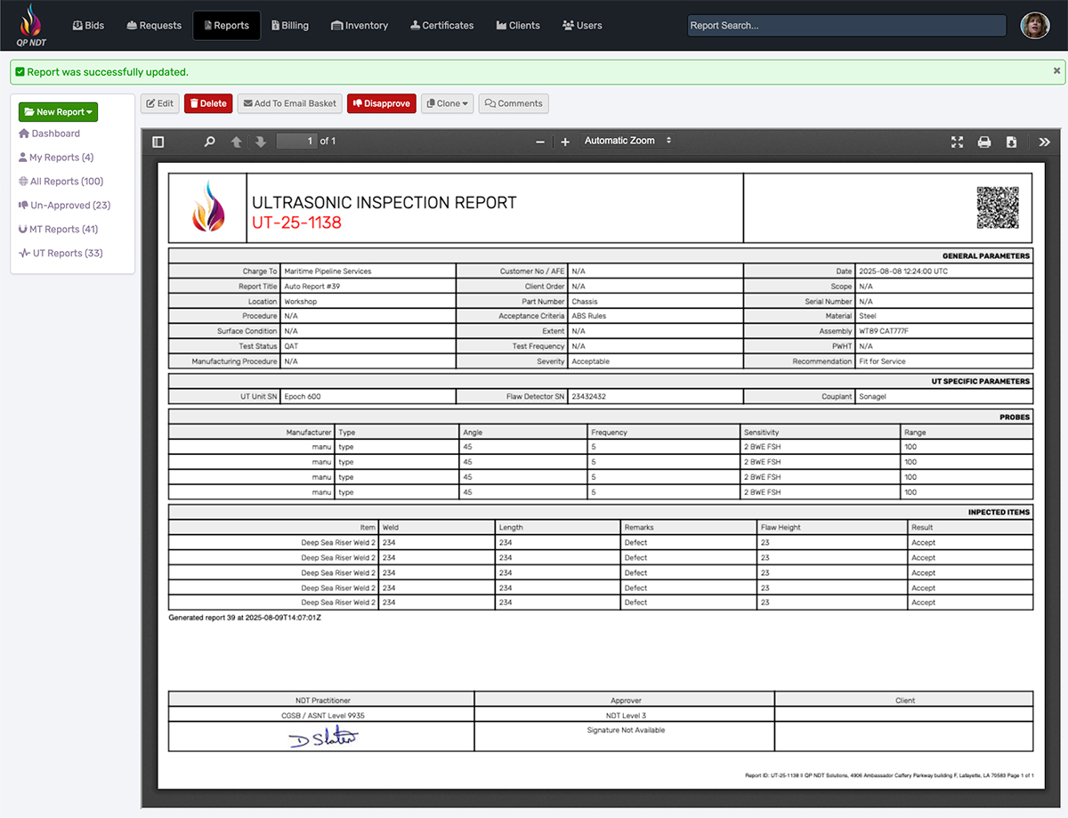 AgileNDT report screen showing a completed inspection report