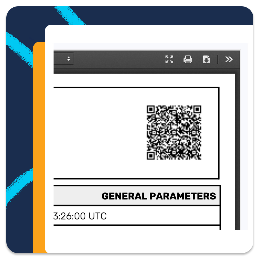 Graphic showing a report with QR code and validation shields