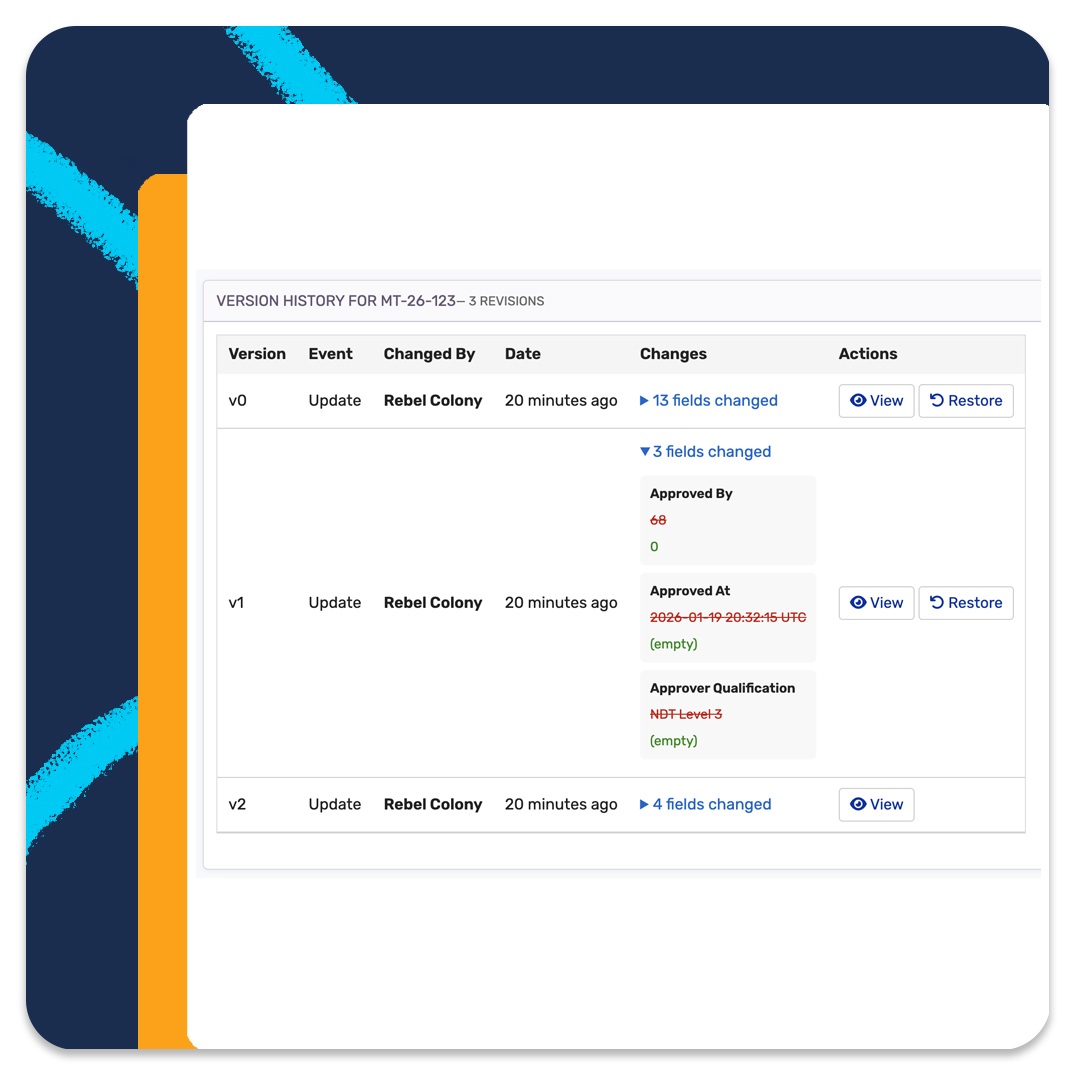 Web-dashboard graphic illustrating revision history and audit trails
